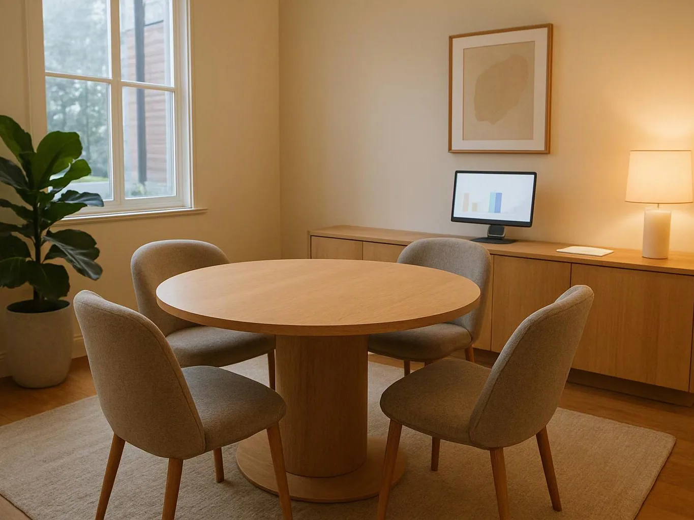A cozy dining room shows a round wood table, four gray chairs, a cabinet, lamp, window, and plant