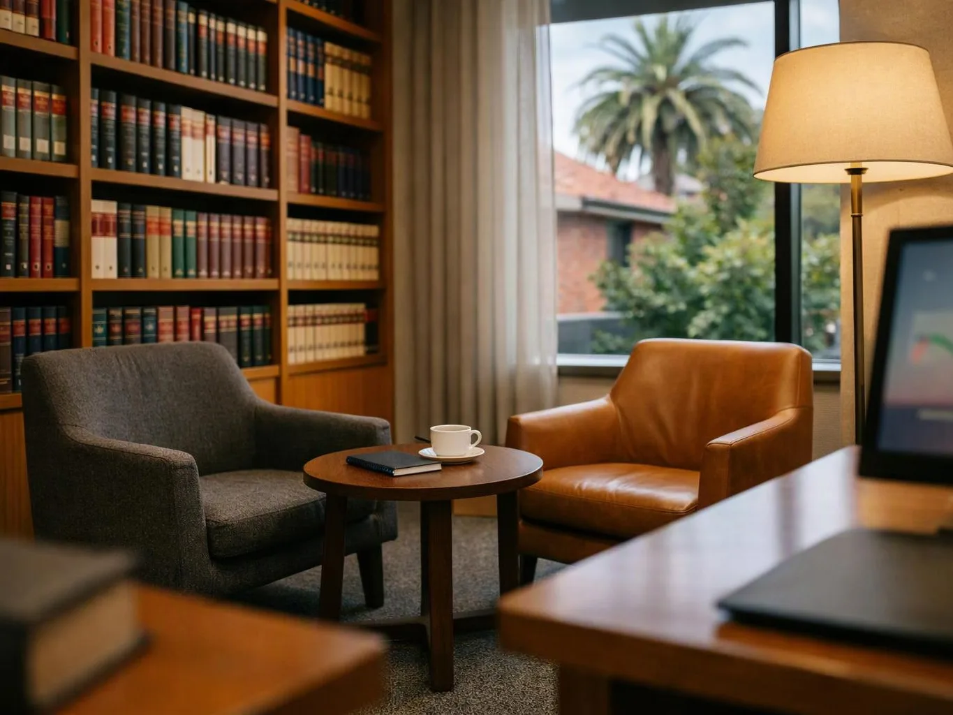 A cozy reading nook with two chairs, a coffee table, bookshelves, and a lamp by a window