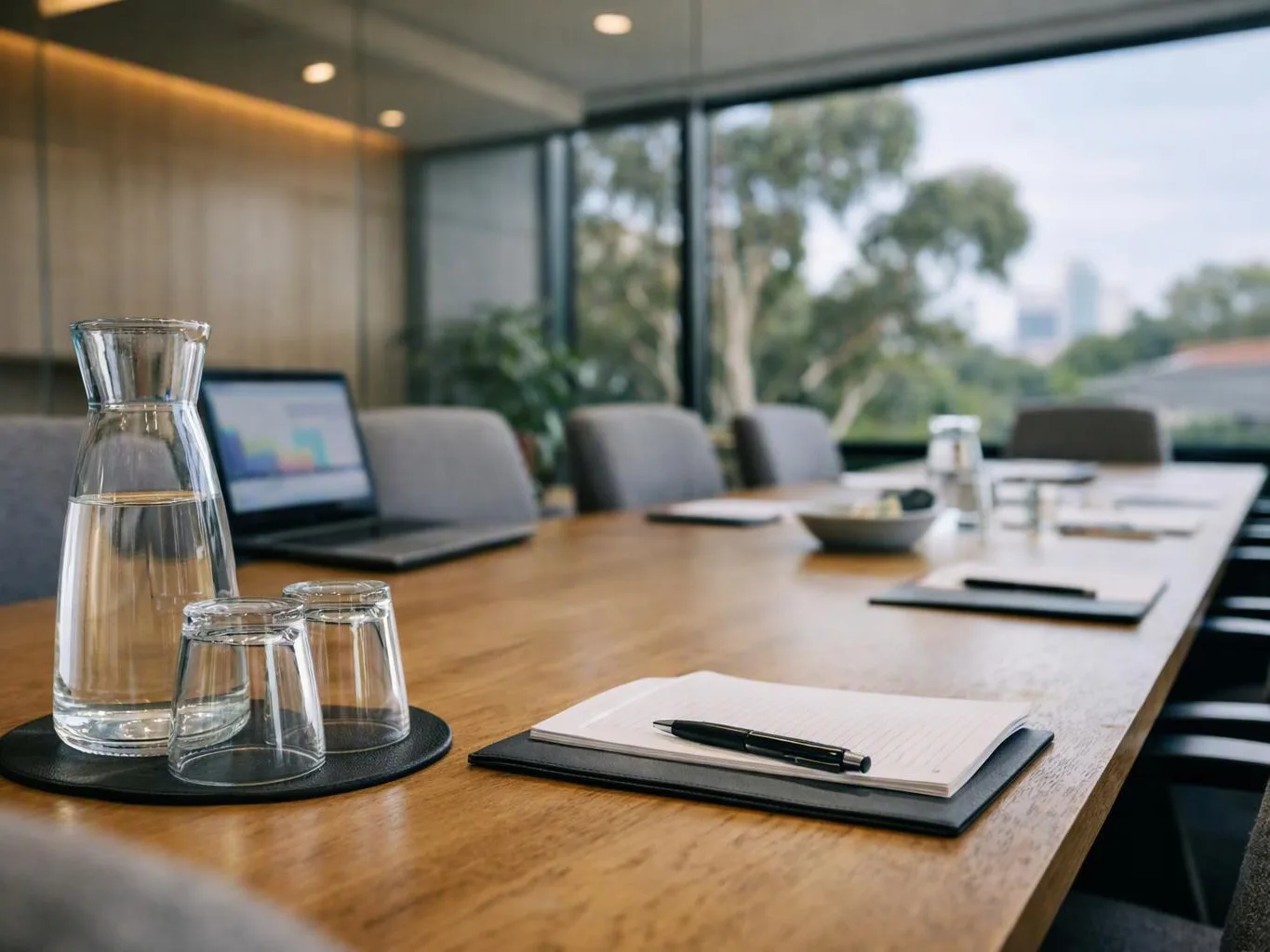 A glass carafe, upside-down cups, notebook, and pen sit on a long conference table by large windows