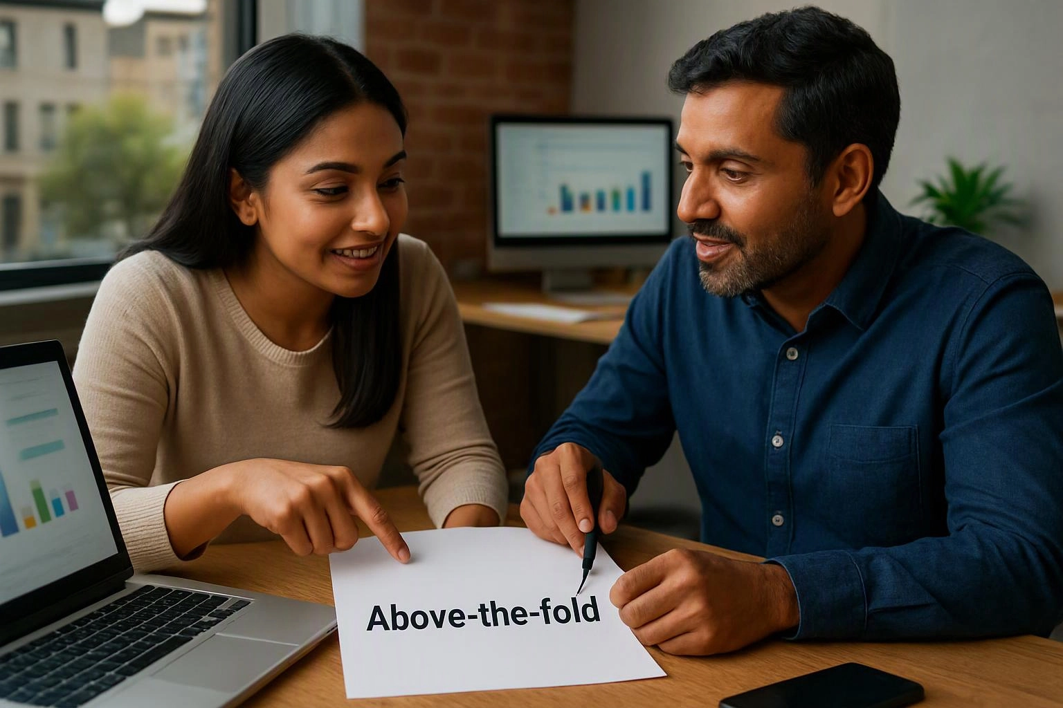 Two people lean over a desk, pointing at a paper labeled “Above-the-fold” in a bright office