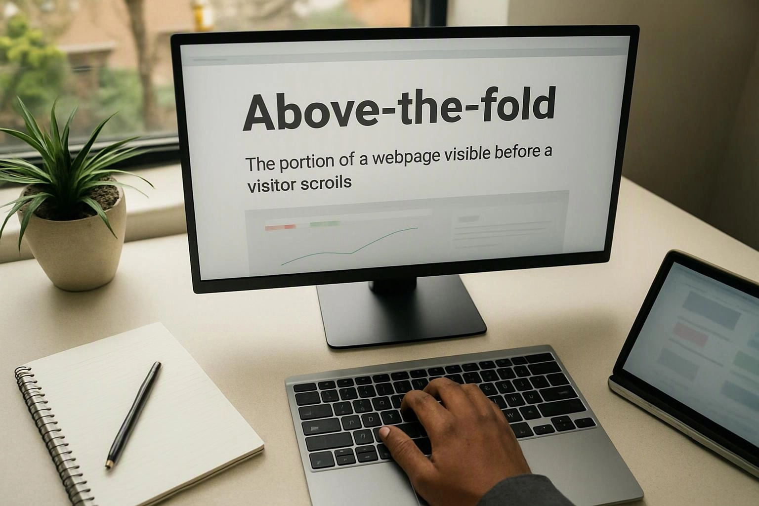 A hand types on a laptop beside a notebook, tablet, and plant, while a monitor shows “Above-the-fold” text