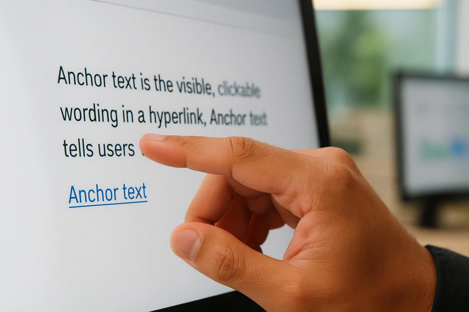 A hand points at a computer screen showing text about anchor text and a blue underlined link