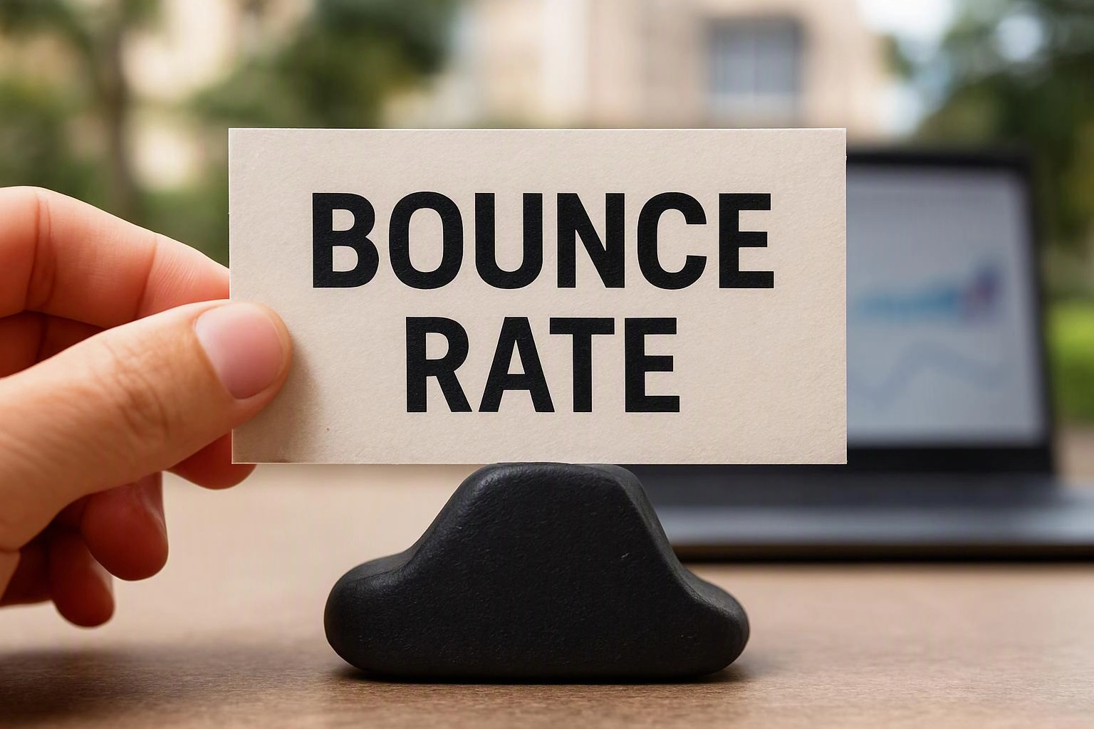 A hand holds a card reading “BOUNCE RATE” above a small black cloud-shaped object on a desk