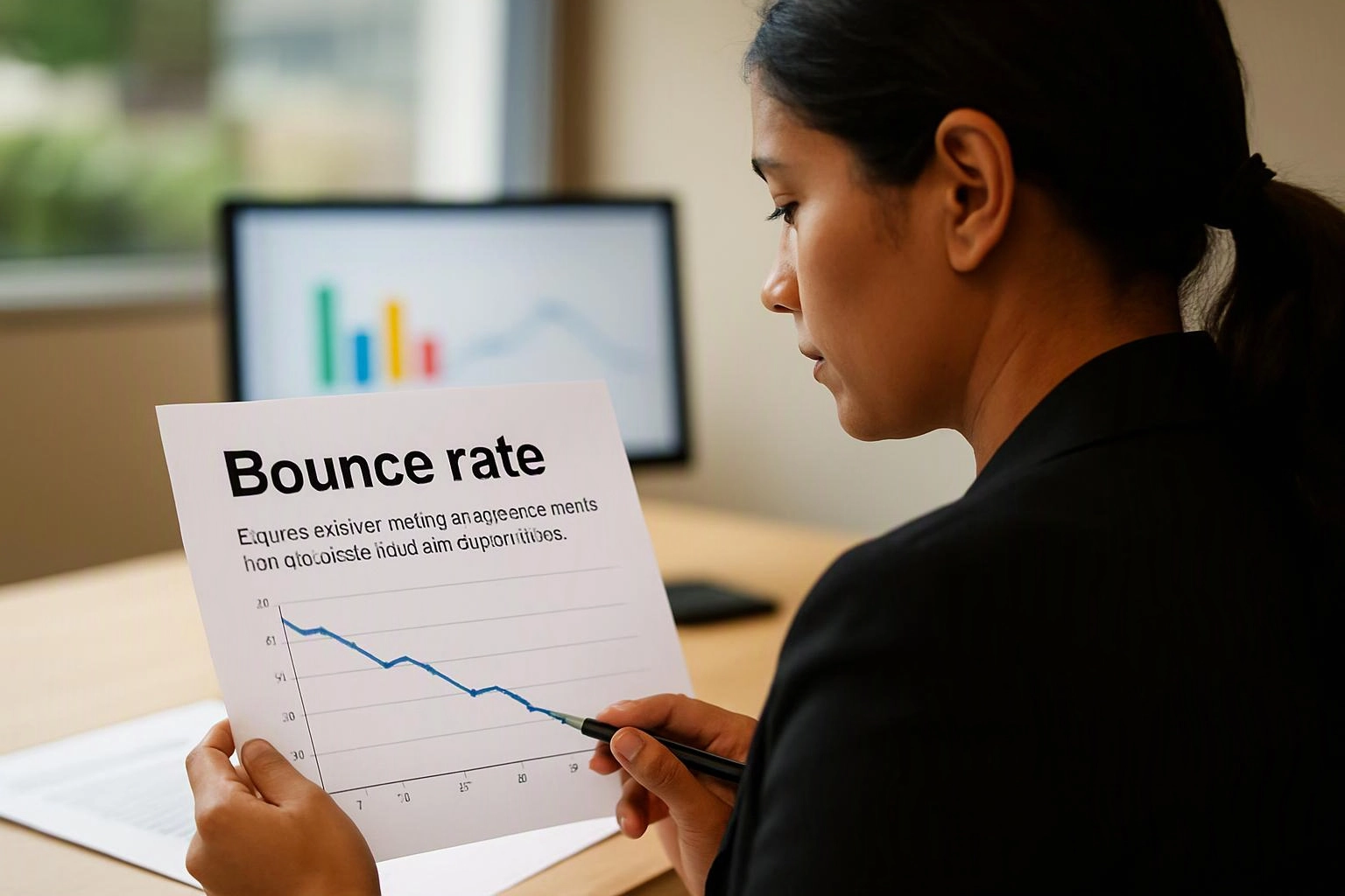 A woman studies a printed bounce rate chart at a desk, with a blurred monitor behind her
