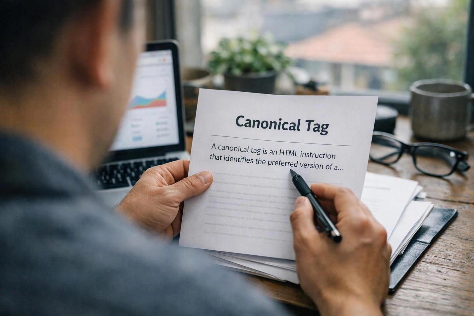 A person reviews a paper titled Canonical Tag beside a laptop on a desk