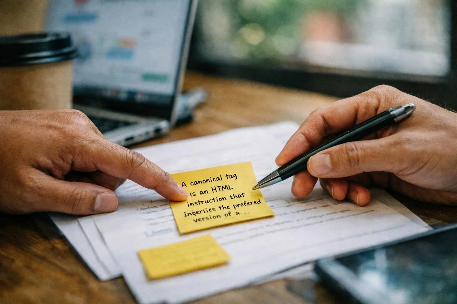Hands point at a yellow note on papers beside a laptop and coffee cup on a wooden desk