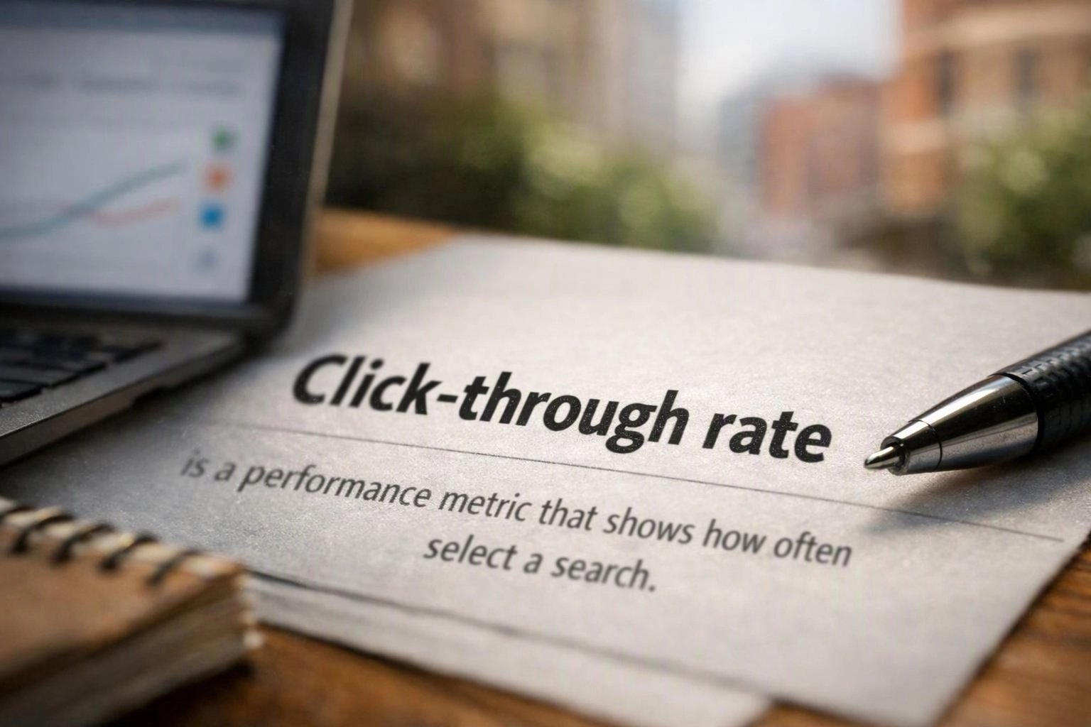 A printed sheet about click-through rate sits beside a laptop and pen on a desk
