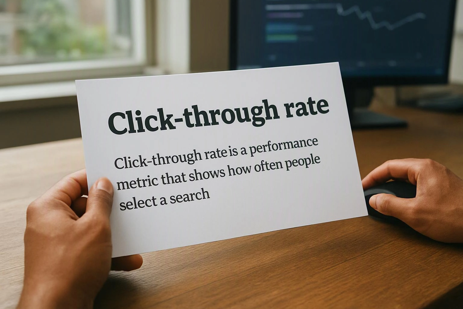 Hands hold a printed card reading click-through rate on a desk beside a blurred computer monitor