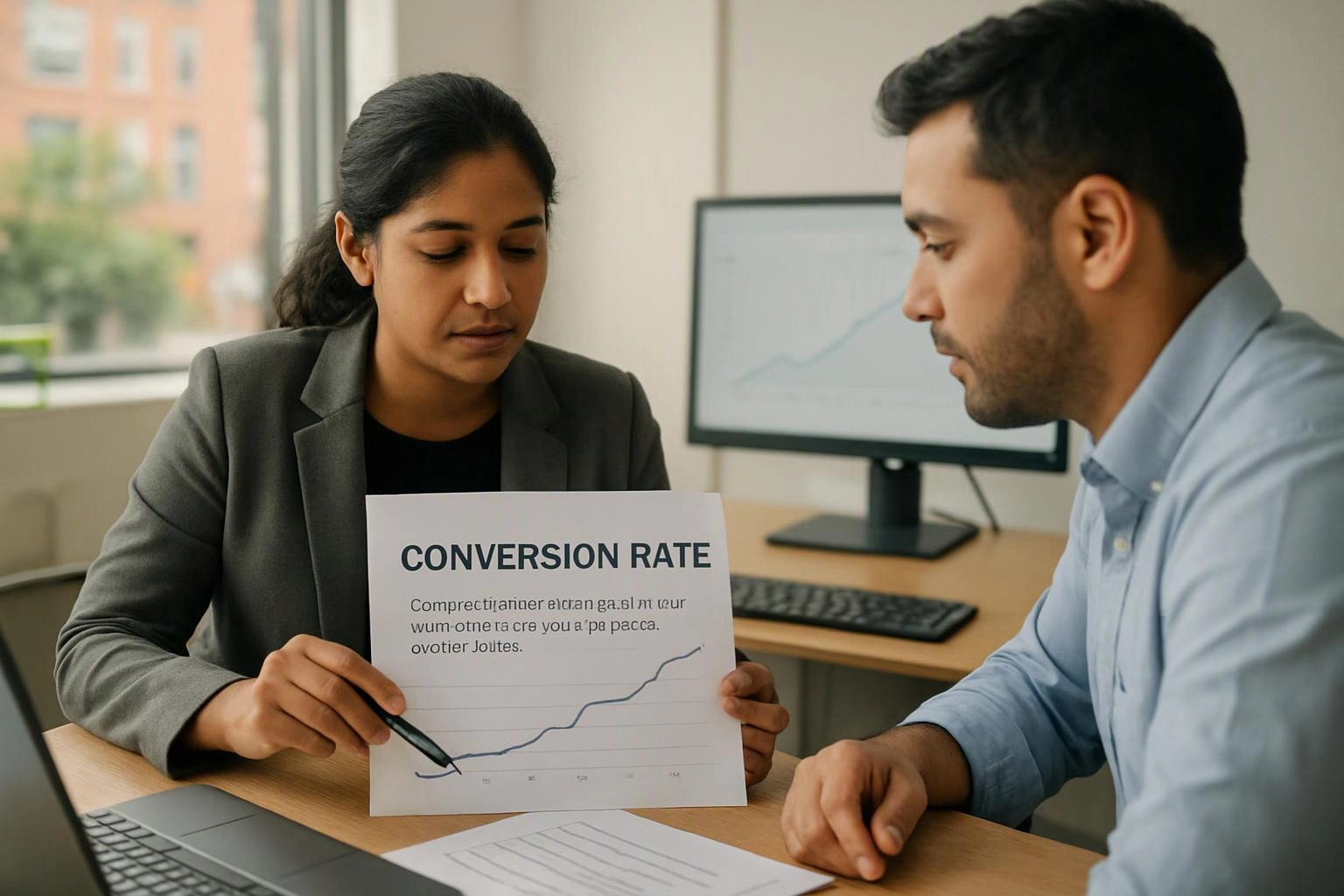 Two coworkers study a printed conversion rate chart at a desk beside a computer monitor