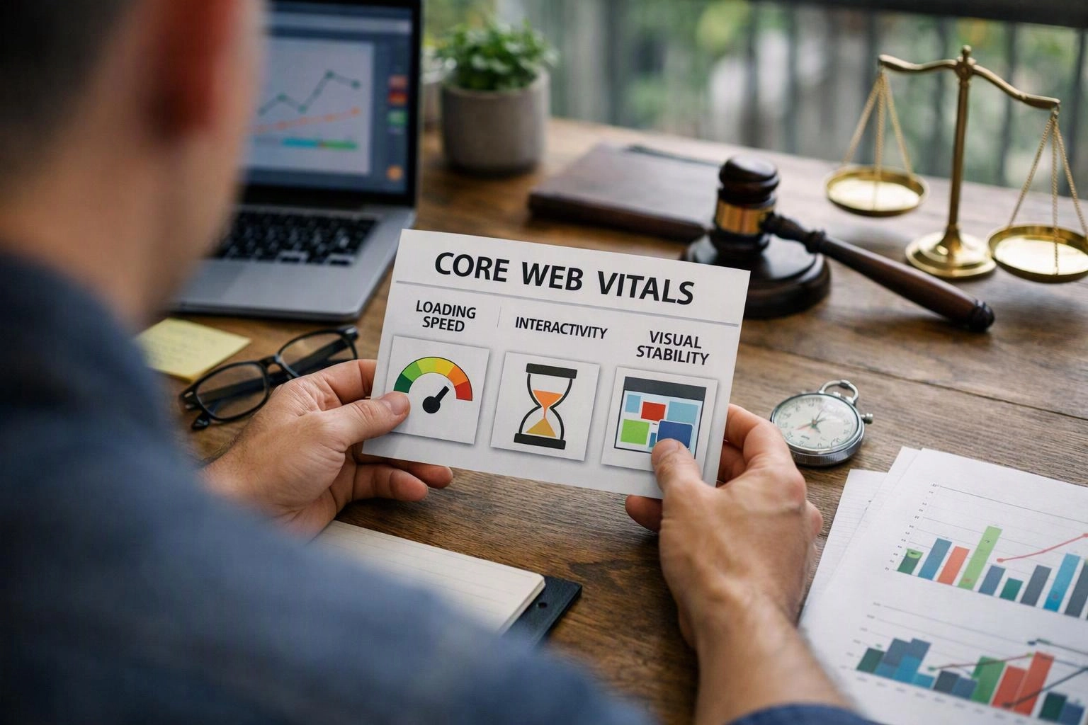 A person holds a “CORE WEB VITALS” card at a desk with laptop charts, legal props, and papers