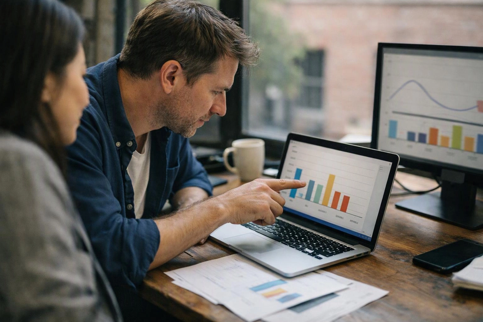 A man points at a laptop bar chart while another person watches beside him in a bright office