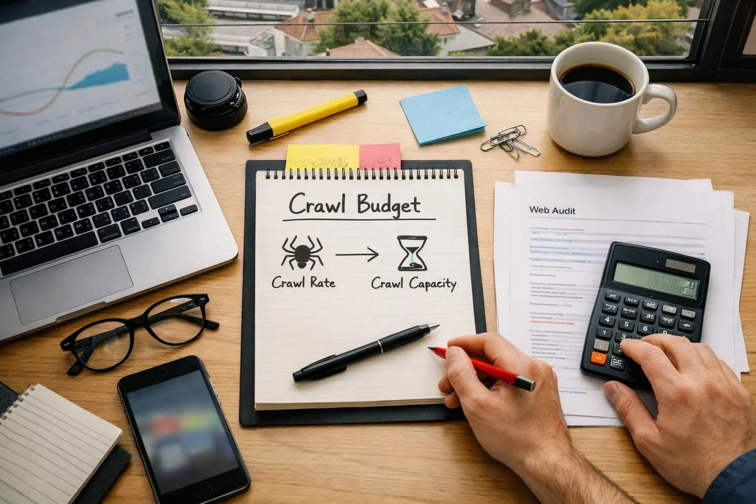 Hands calculate a web audit beside a notebook labeled crawl budget on a desk with laptop, coffee, papers, and calculator
