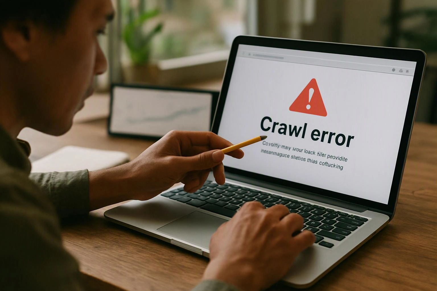 A person points at a laptop screen showing a warning icon and the words “Crawl error” on a desk