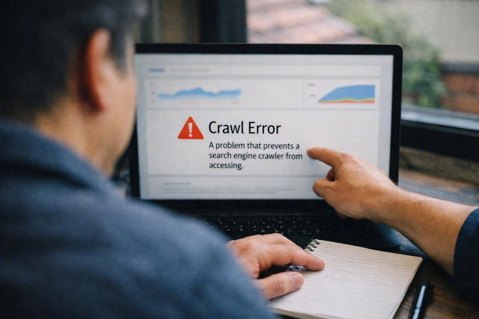 A person points at a laptop screen showing a crawl error warning beside a notebook on a table