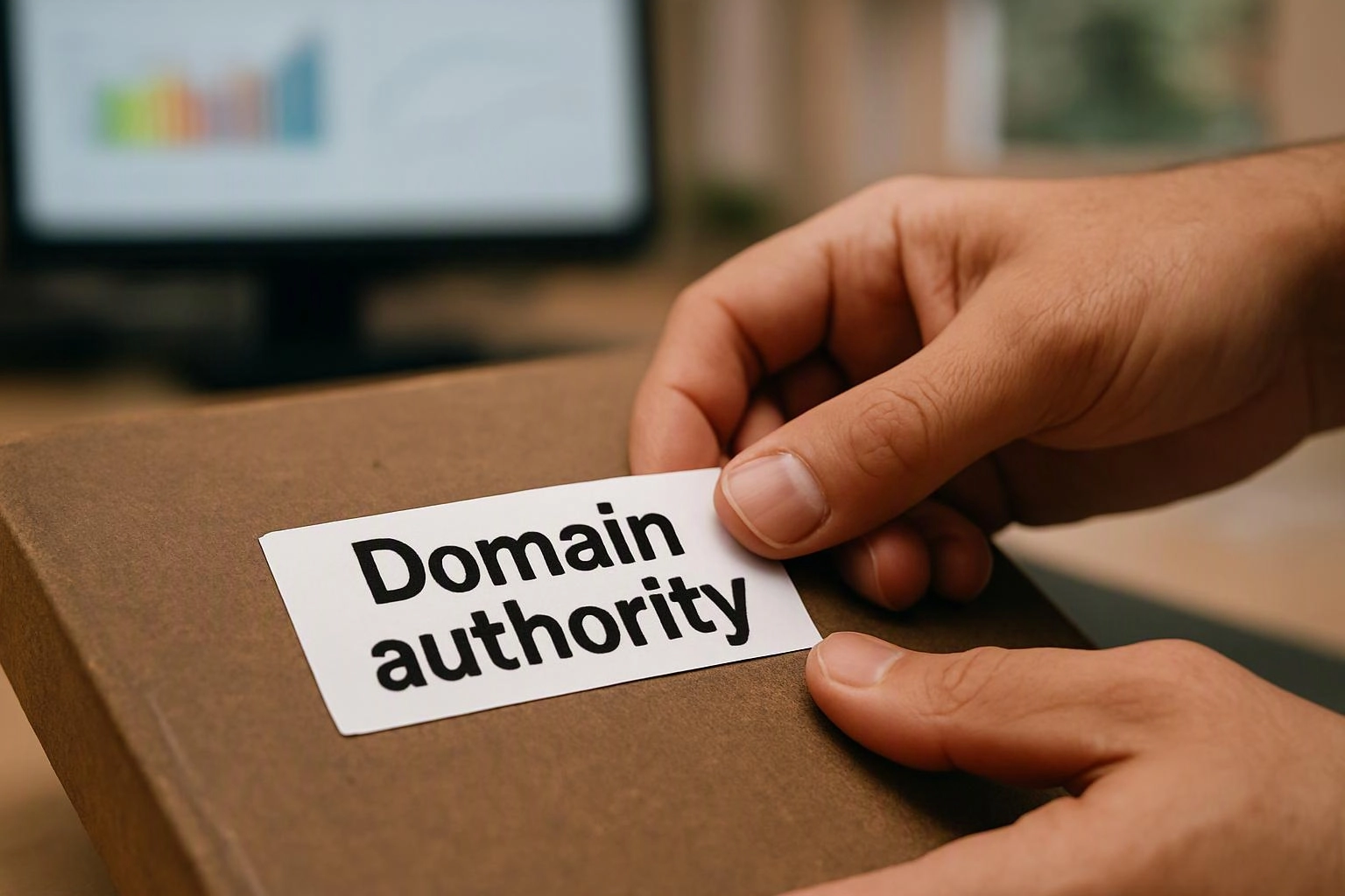 Hands place a “Domain authority” label on a brown package with a blurred monitor in the background