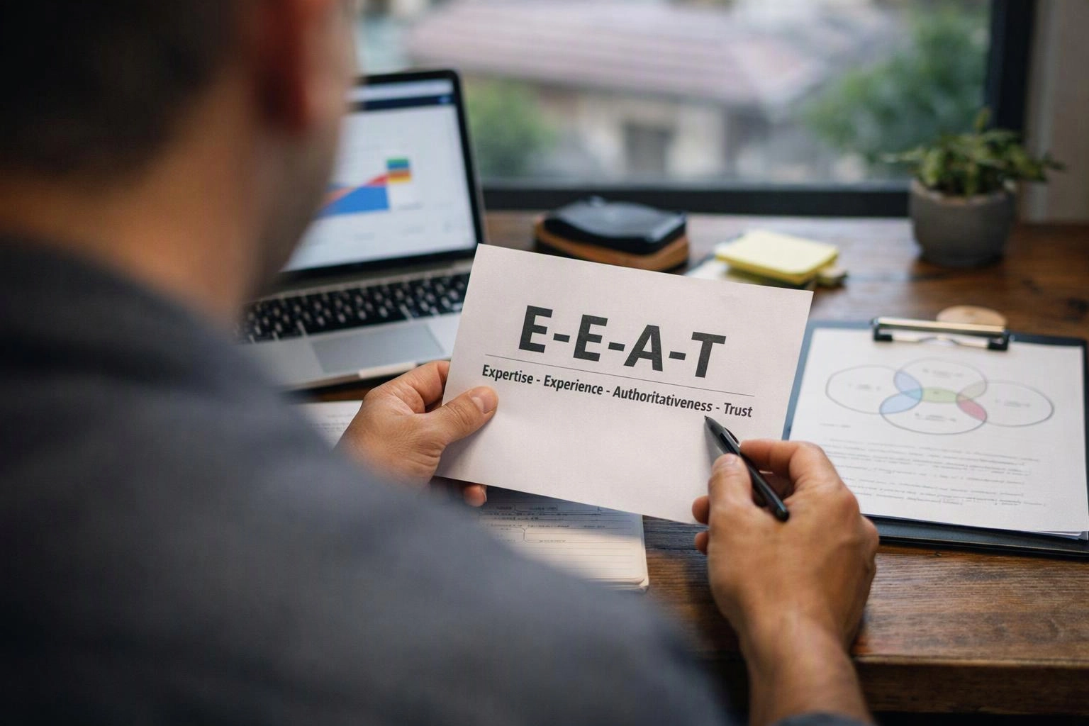 A person holds a paper labeled “E-E-A-T” while writing at a desk with a laptop and charts nearby