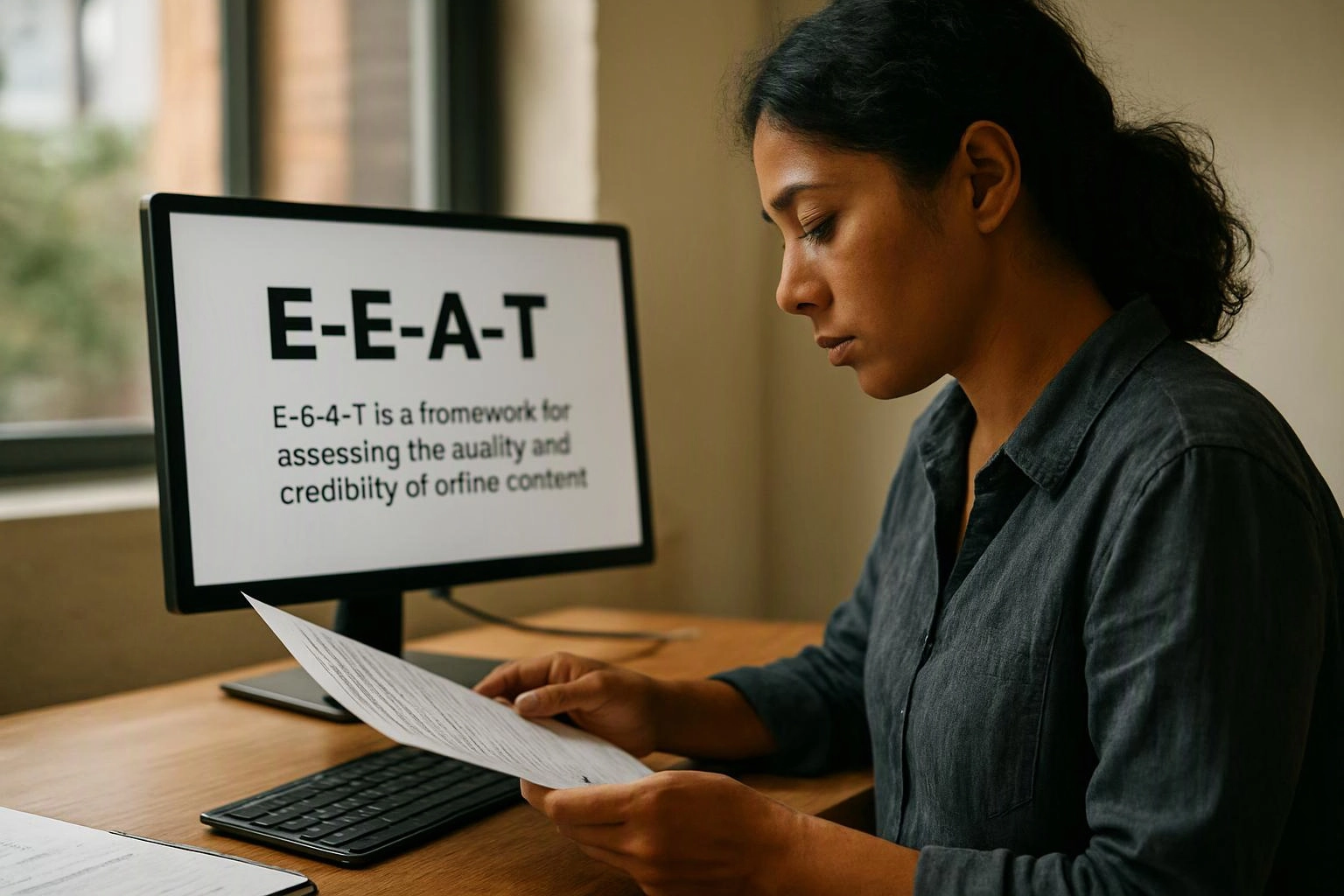 A woman reviews a printed sheet beside a computer displaying “E-E-A-T” in a quiet office setting