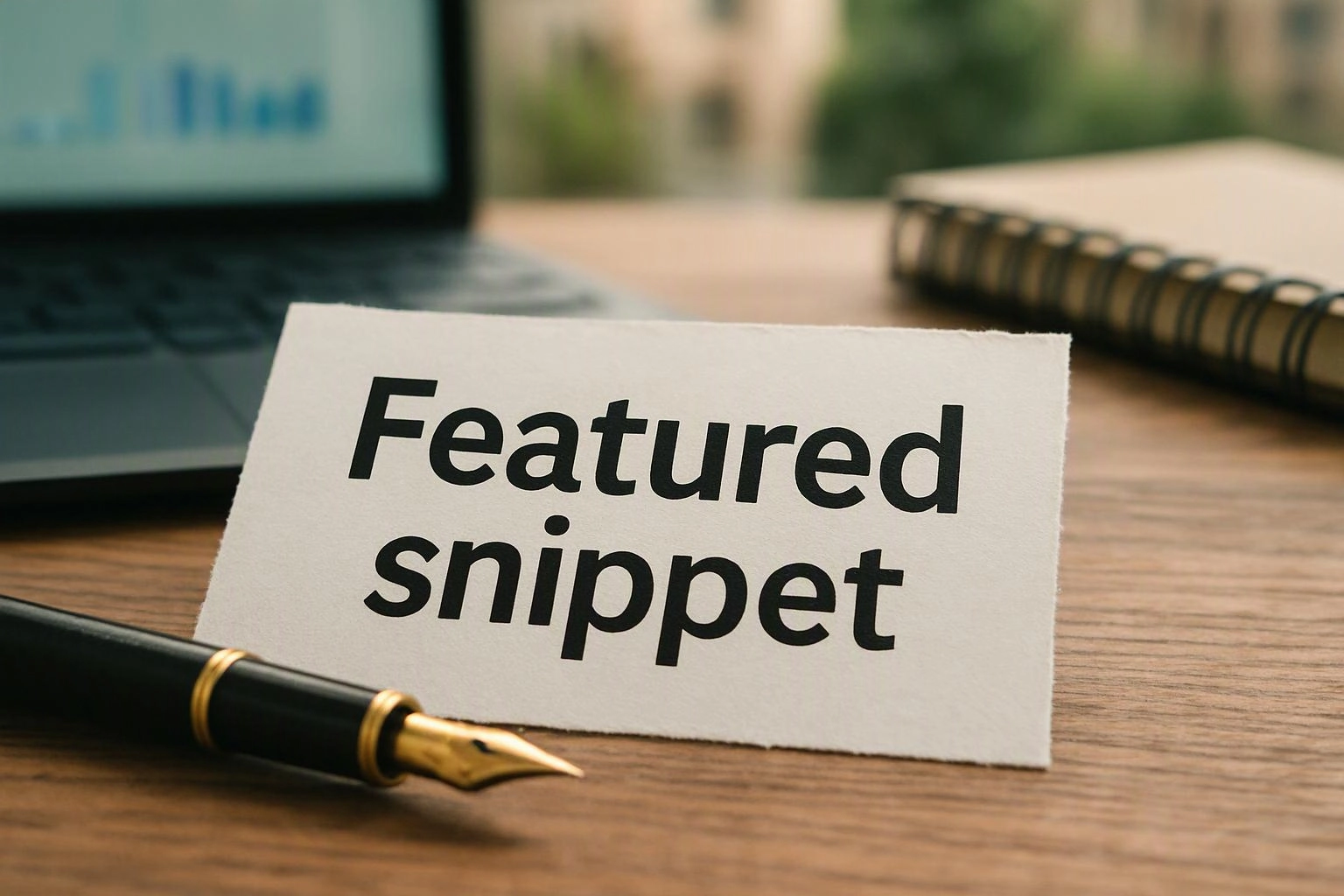 A desk card reading “Featured snippet” stands beside a fountain pen, laptop, and spiral notebook