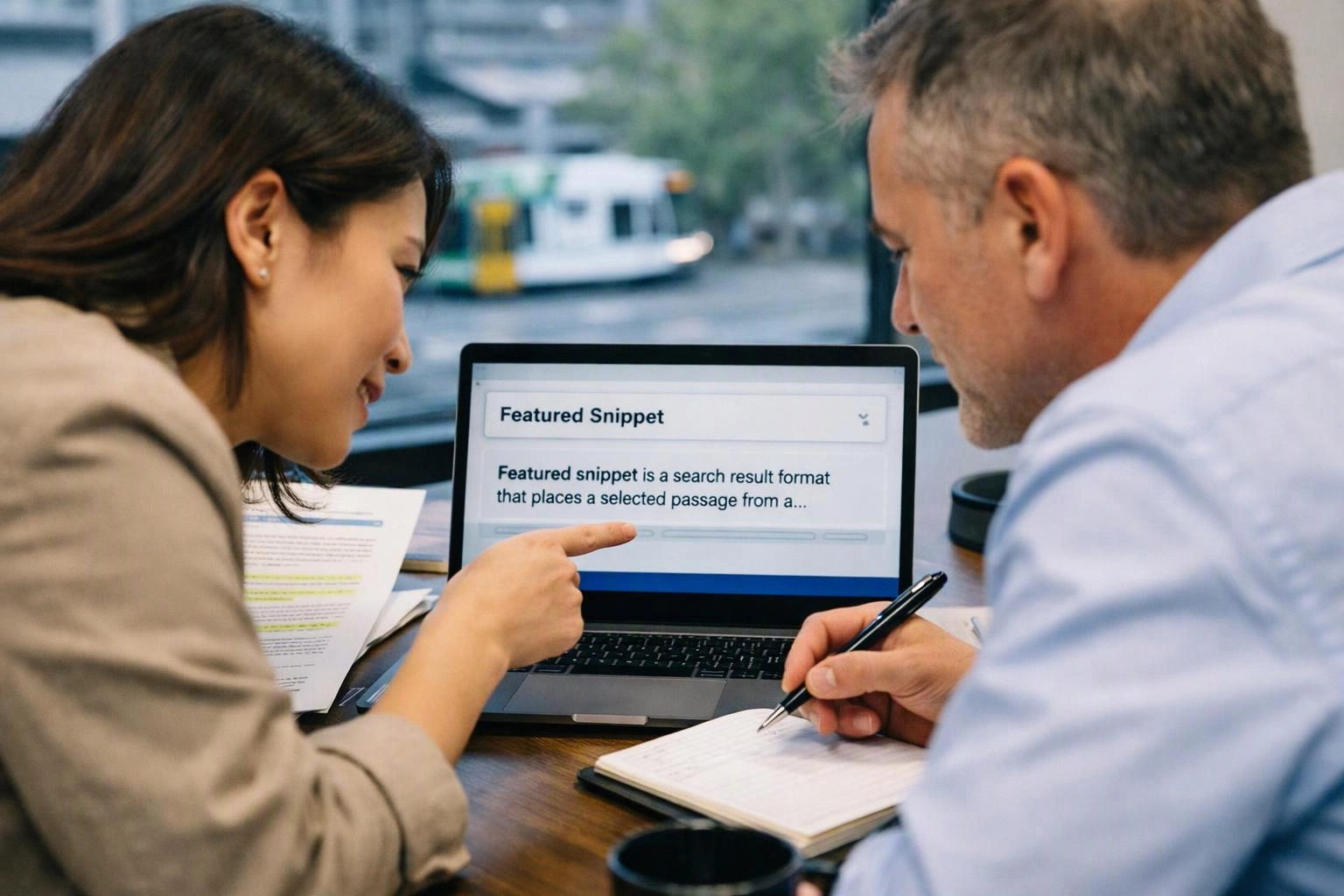 Two coworkers lean over a laptop, one points at a screen showing “Featured Snippet,” while the other writes notes at a table