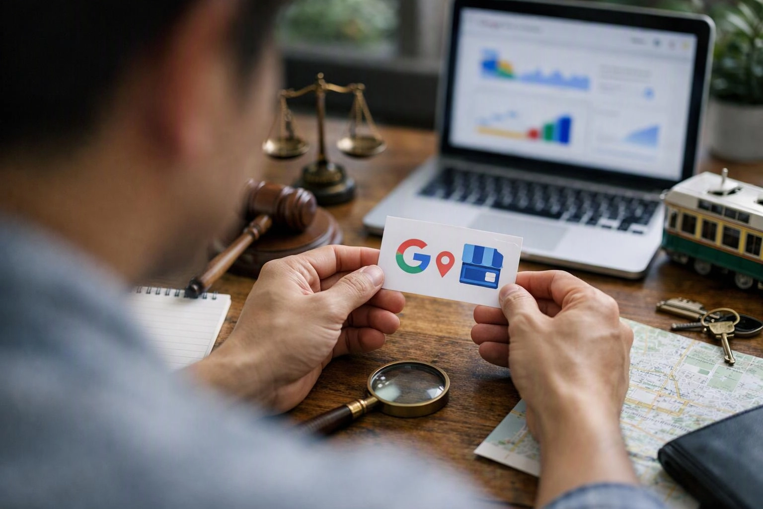 A person holds a card with Google, map pin, and storefront icons at a desk with a laptop and travel items