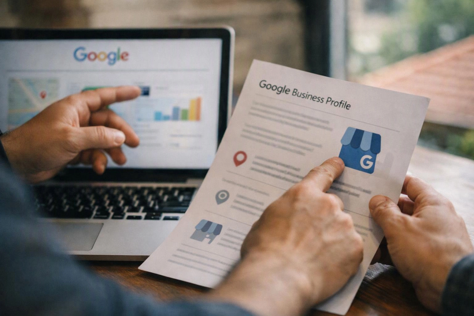 Hands point at a printed Google Business Profile sheet beside a laptop showing a Google page with charts