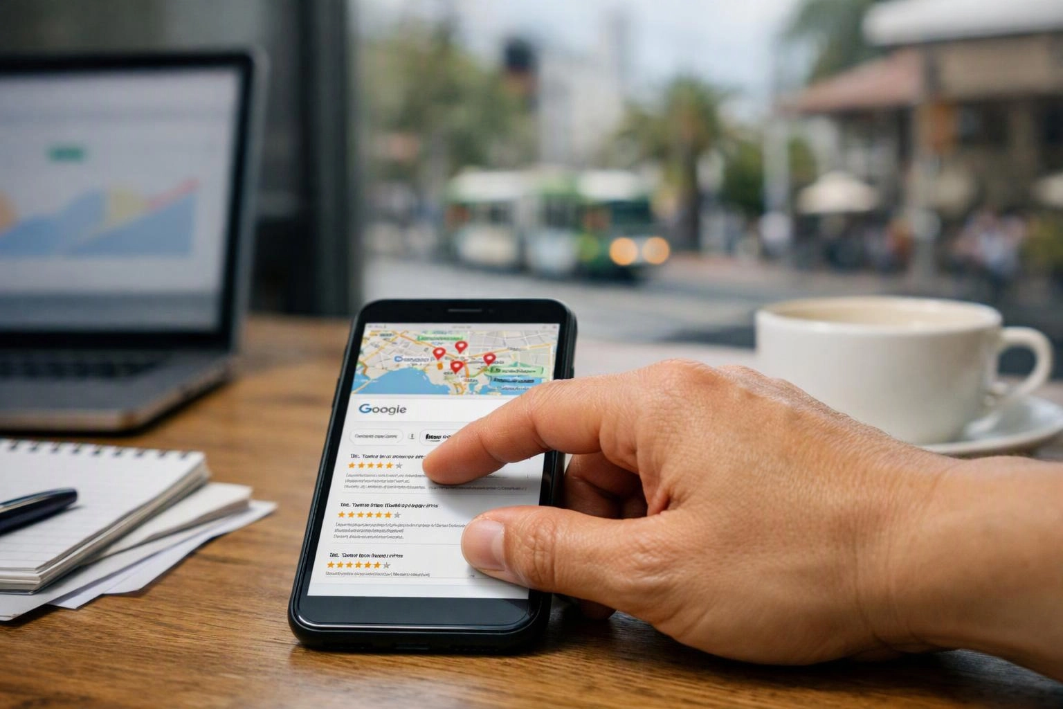 A hand taps a smartphone showing a map and star ratings on a wooden table beside a laptop and coffee cup