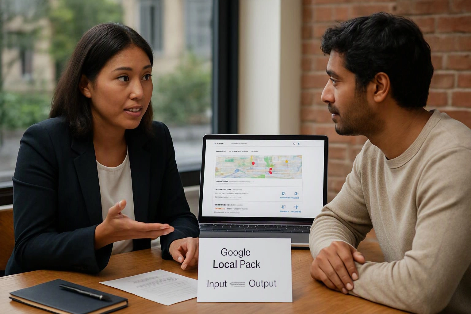 Two people talk across a table with a laptop showing a map and a Google Local Pack card visible in front