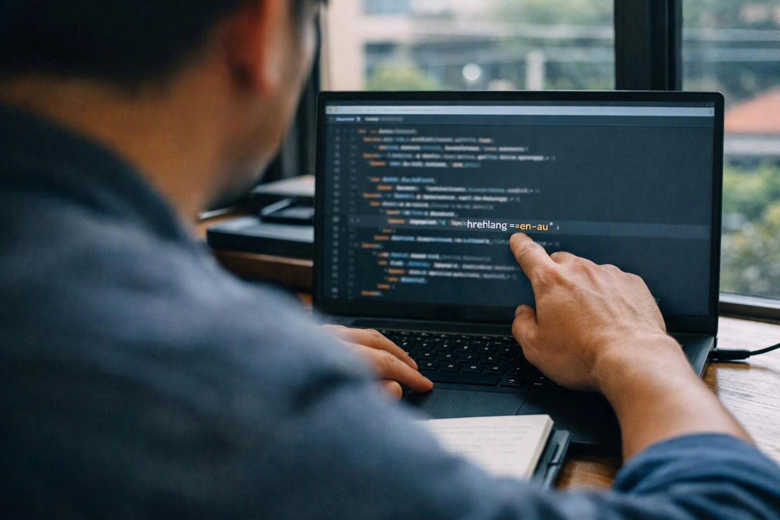 A person points at code on a laptop screen beside a notebook by a window