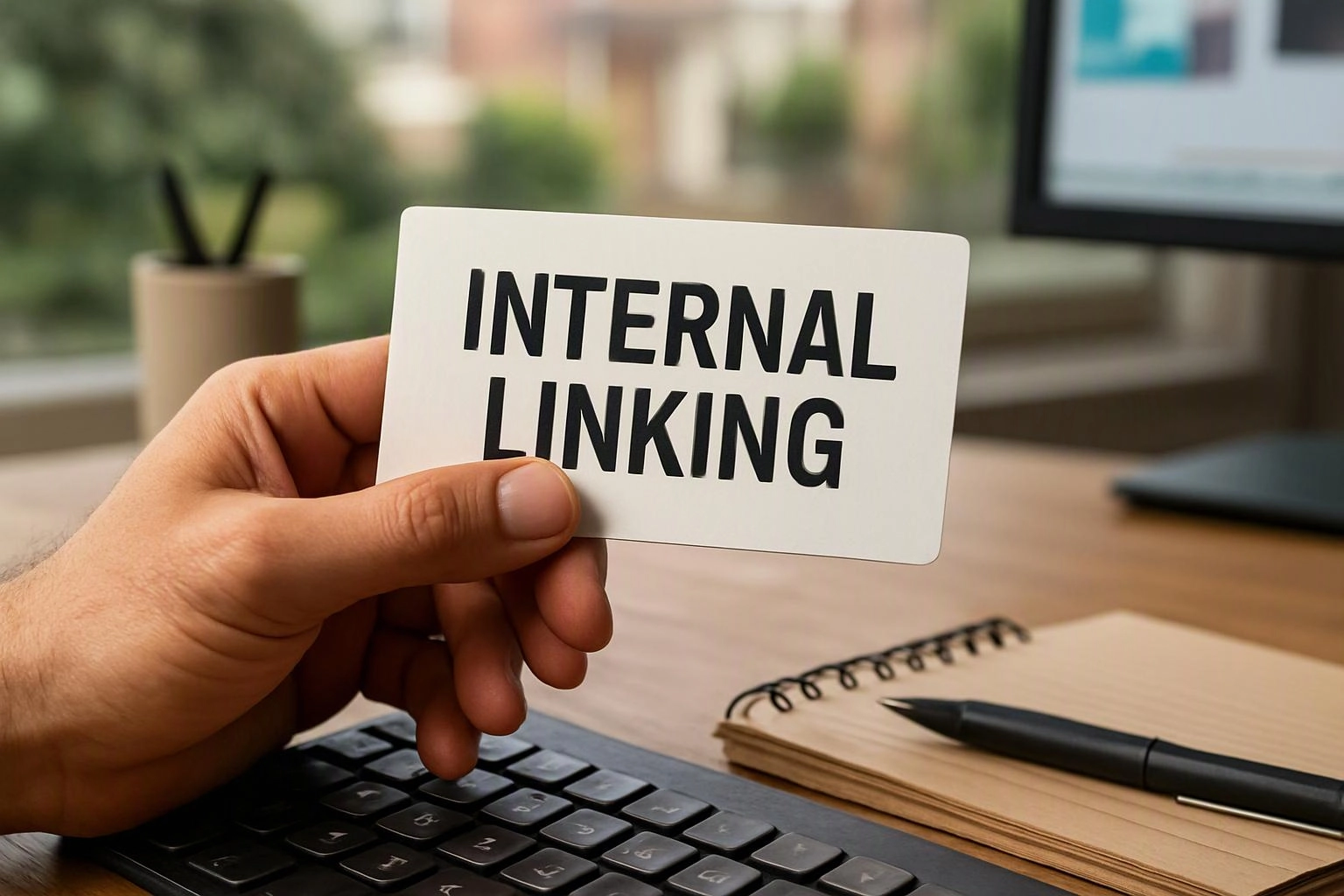 A hand holds a card reading “INTERNAL LINKING” above a keyboard, notebook, and pen on a desk