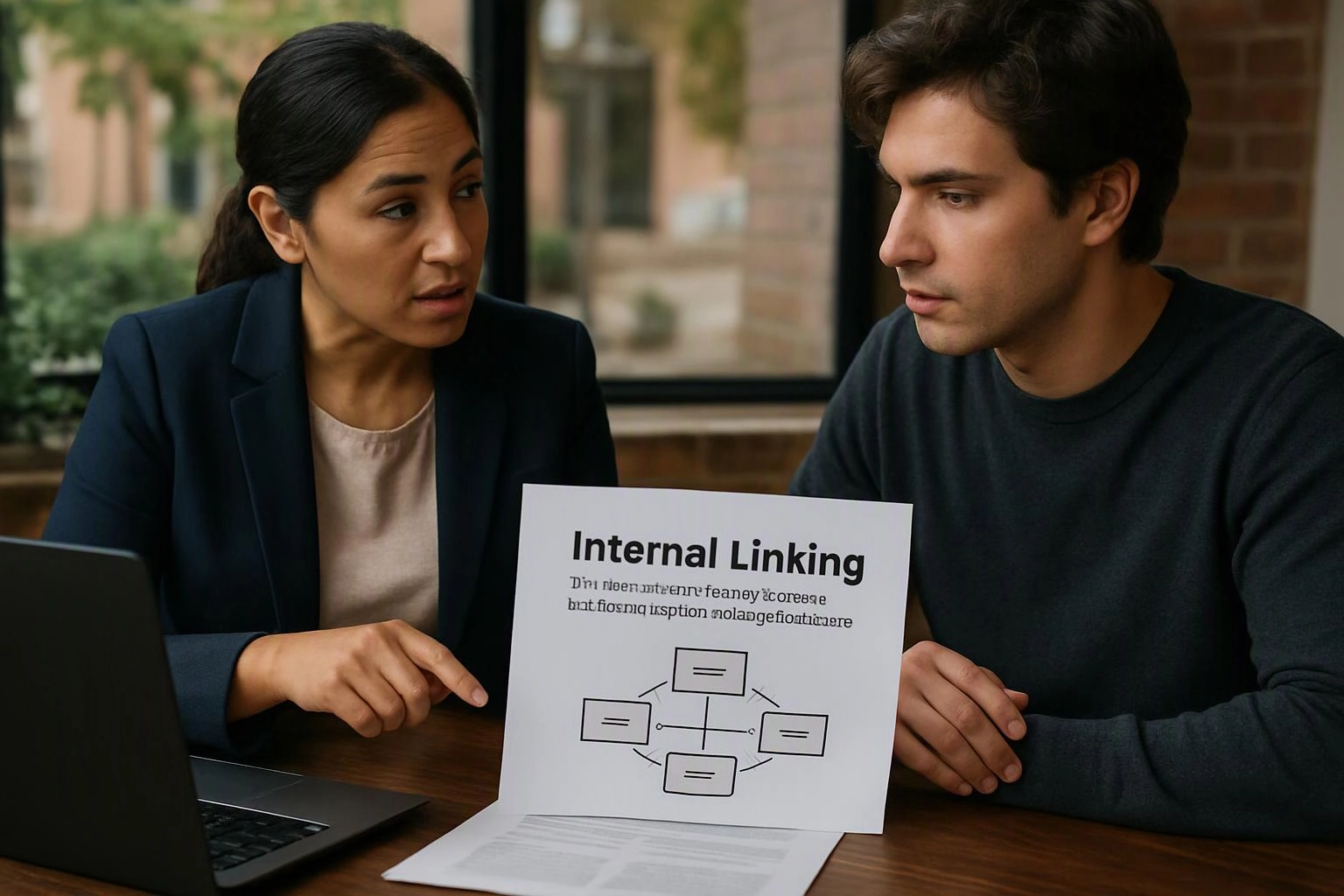 Two people sit at a table, studying a printed sheet labeled “Internal Linking” with a simple diagram and a laptop nearby