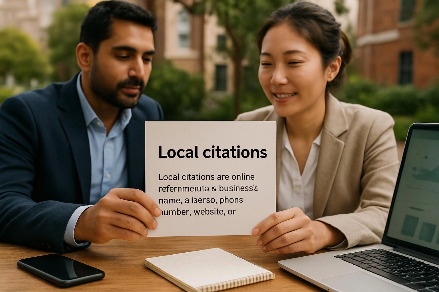 Two people sit outdoors at a table, holding a sign that says “Local citations” beside a laptop and phone