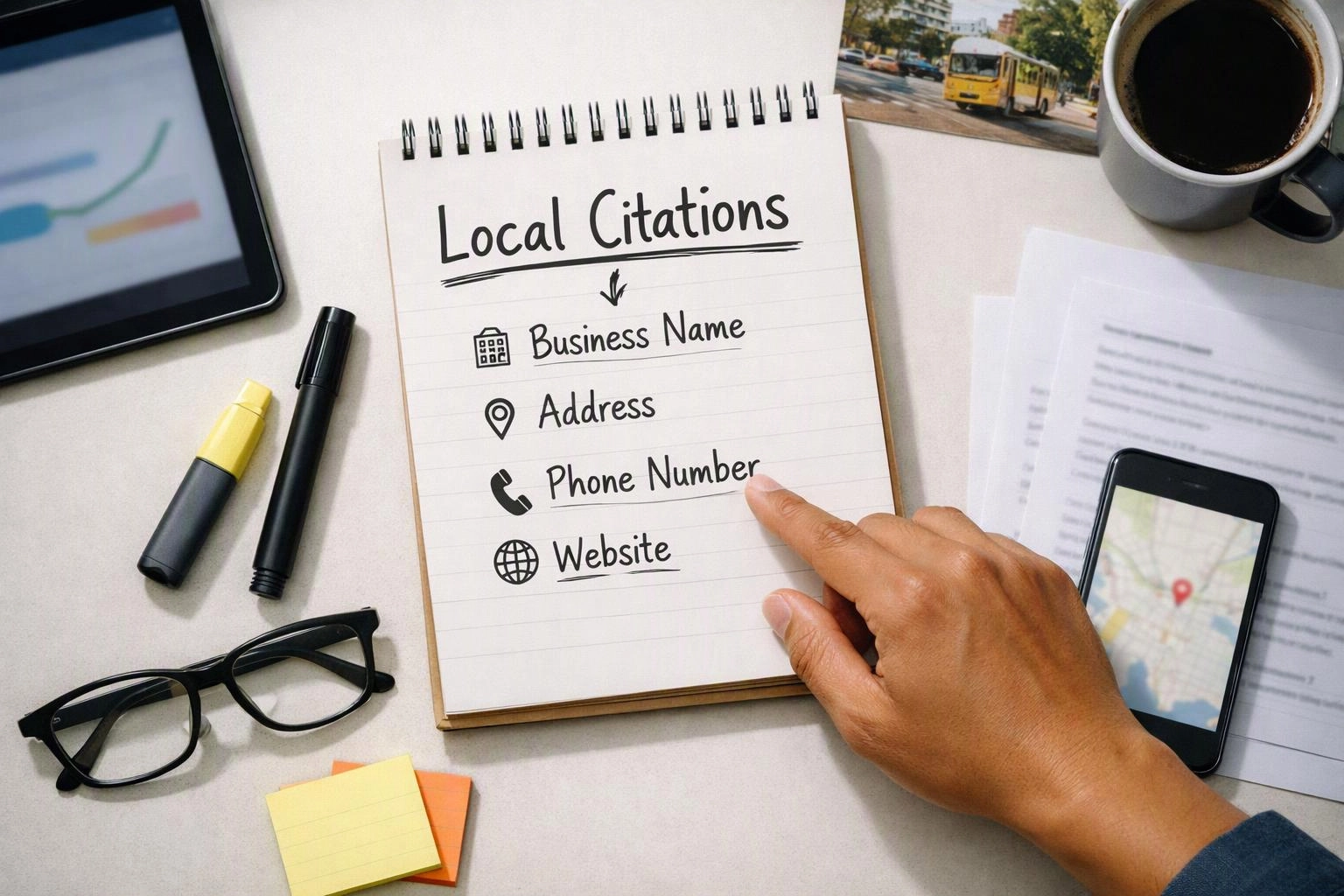 A hand points at a notebook page listing local citation details beside a phone, coffee, glasses, and papers on a desk