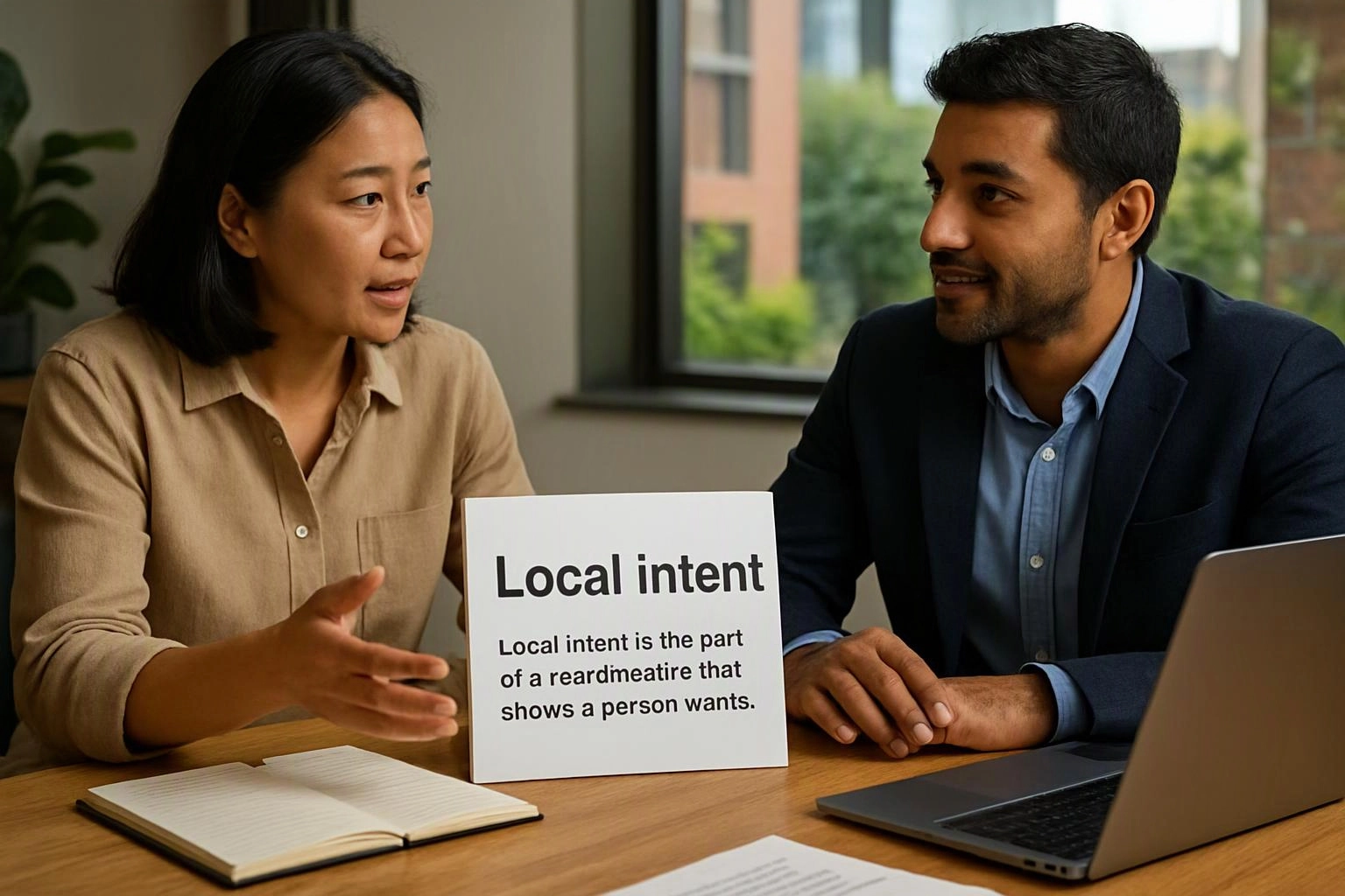 Two people sit at a table, talking across a sign that reads "Local intent" beside a laptop and notebook
