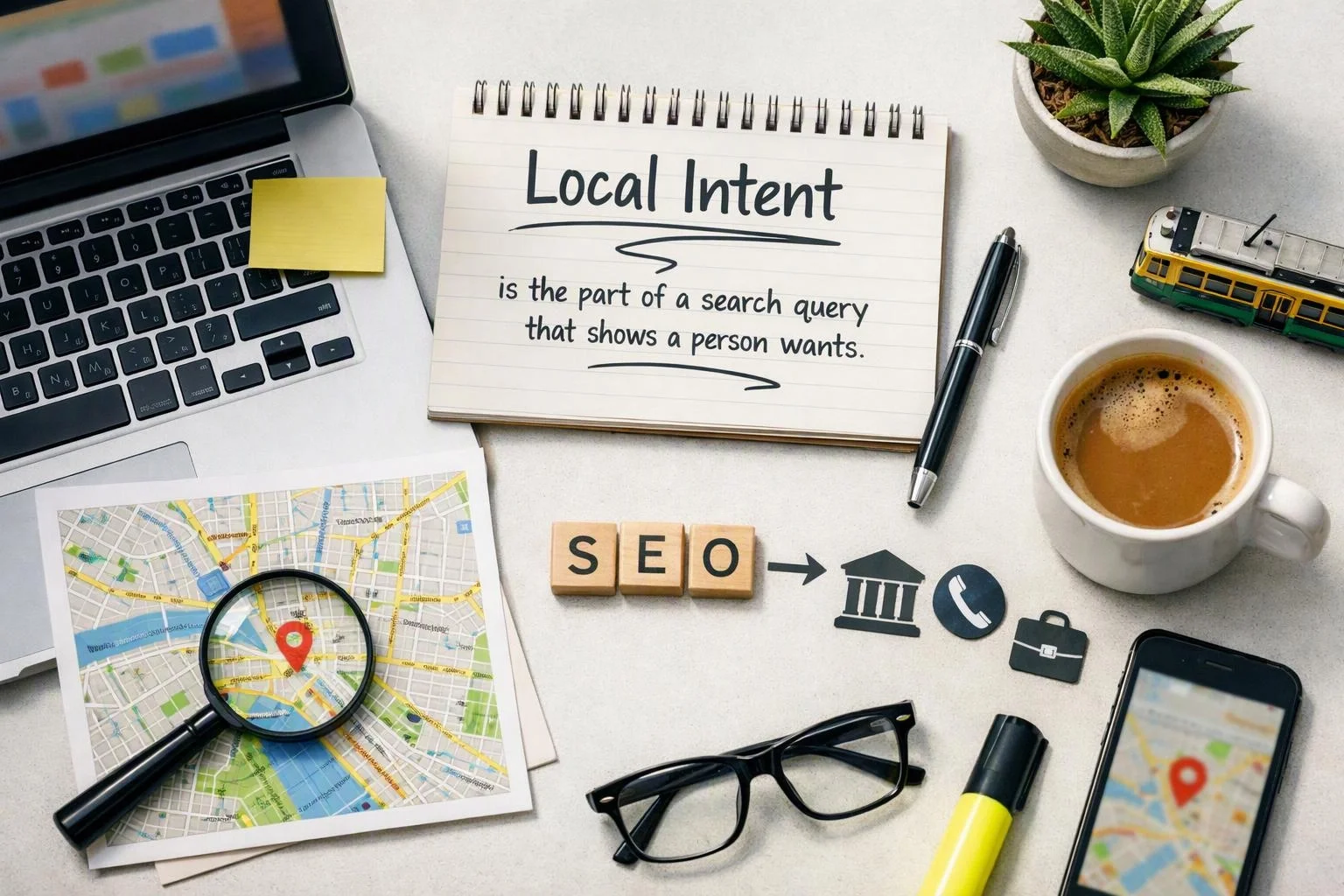 A desk flat lay shows a notebook, laptop, map, coffee, phone, glasses, and SEO notes about local intent