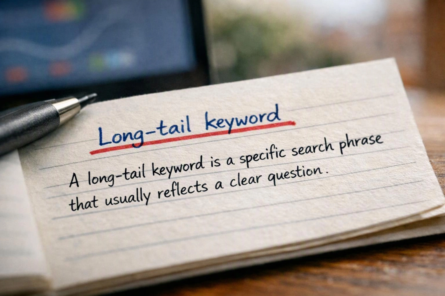 A handwritten note on lined paper defines “Long-tail keyword” beside a pen on a desk