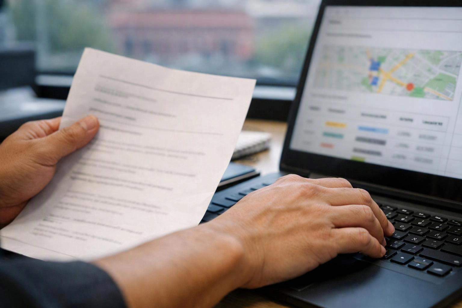 Hands hold a paper over a laptop while one hand types beside a map on the screen