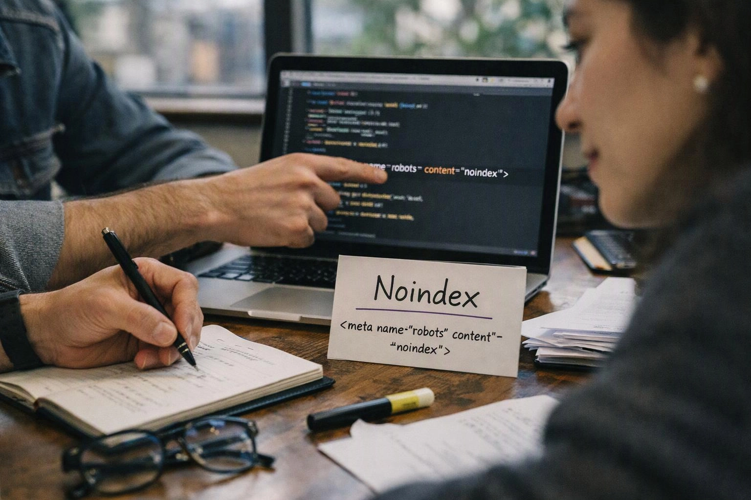 People gather around a laptop while one points at code and another writes notes beside a “Noindex” card