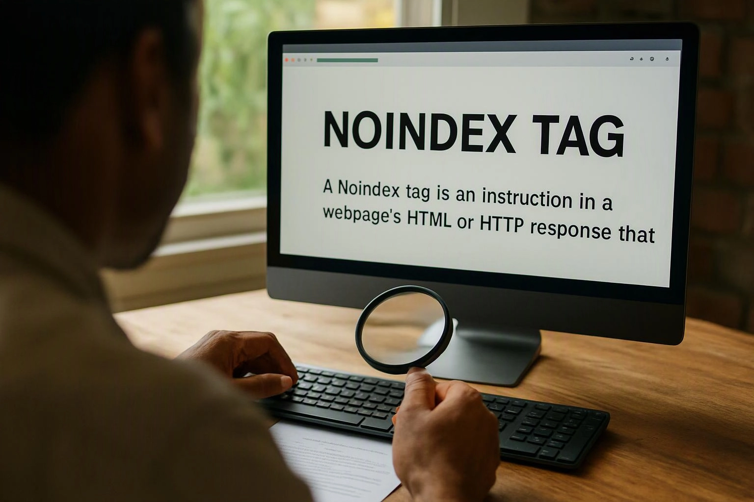 A person studies a computer screen showing “NOINDEX TAG” while holding a magnifying glass at a desk