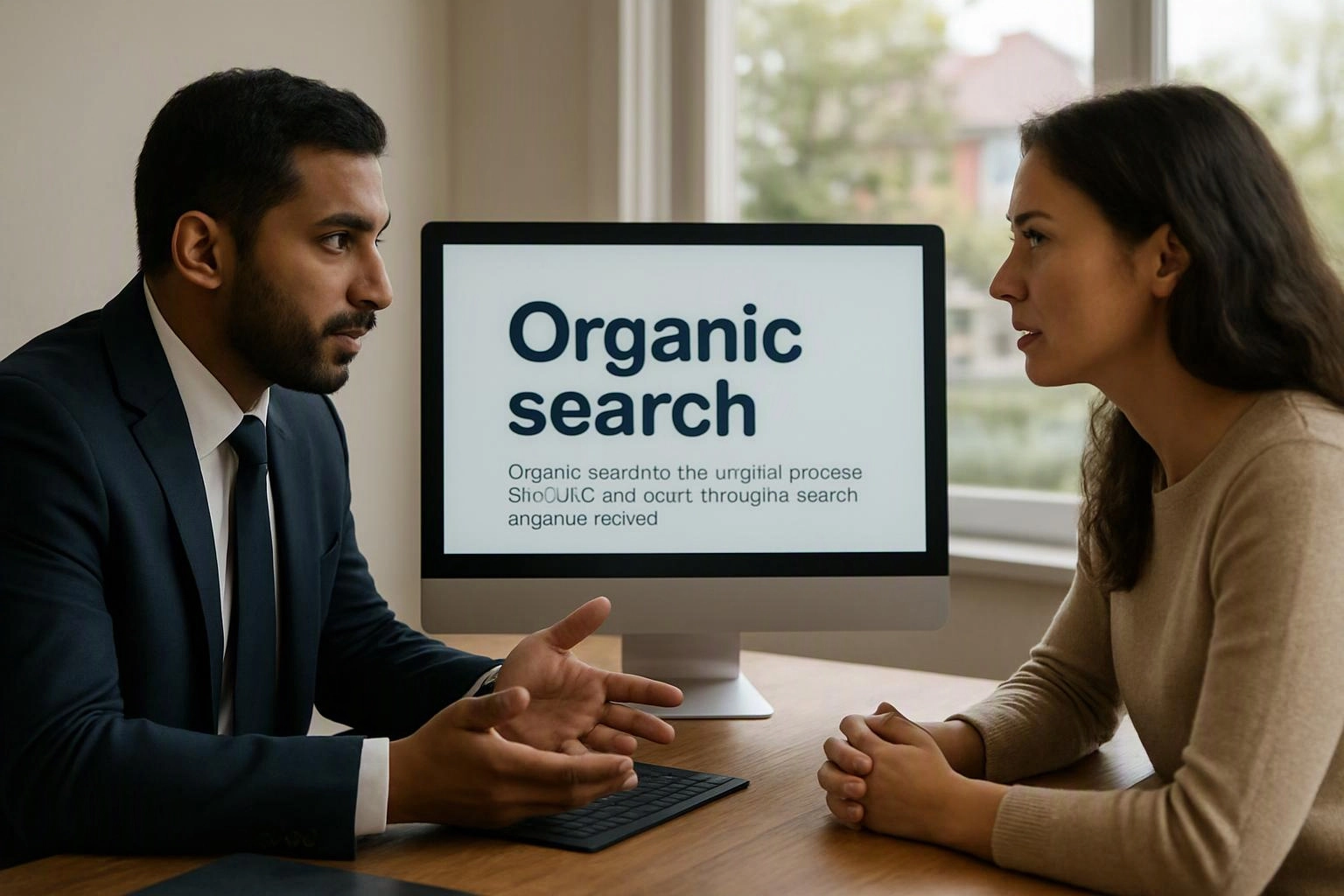 Two people sit across a desk, talking beside a monitor that shows the words “Organic search”