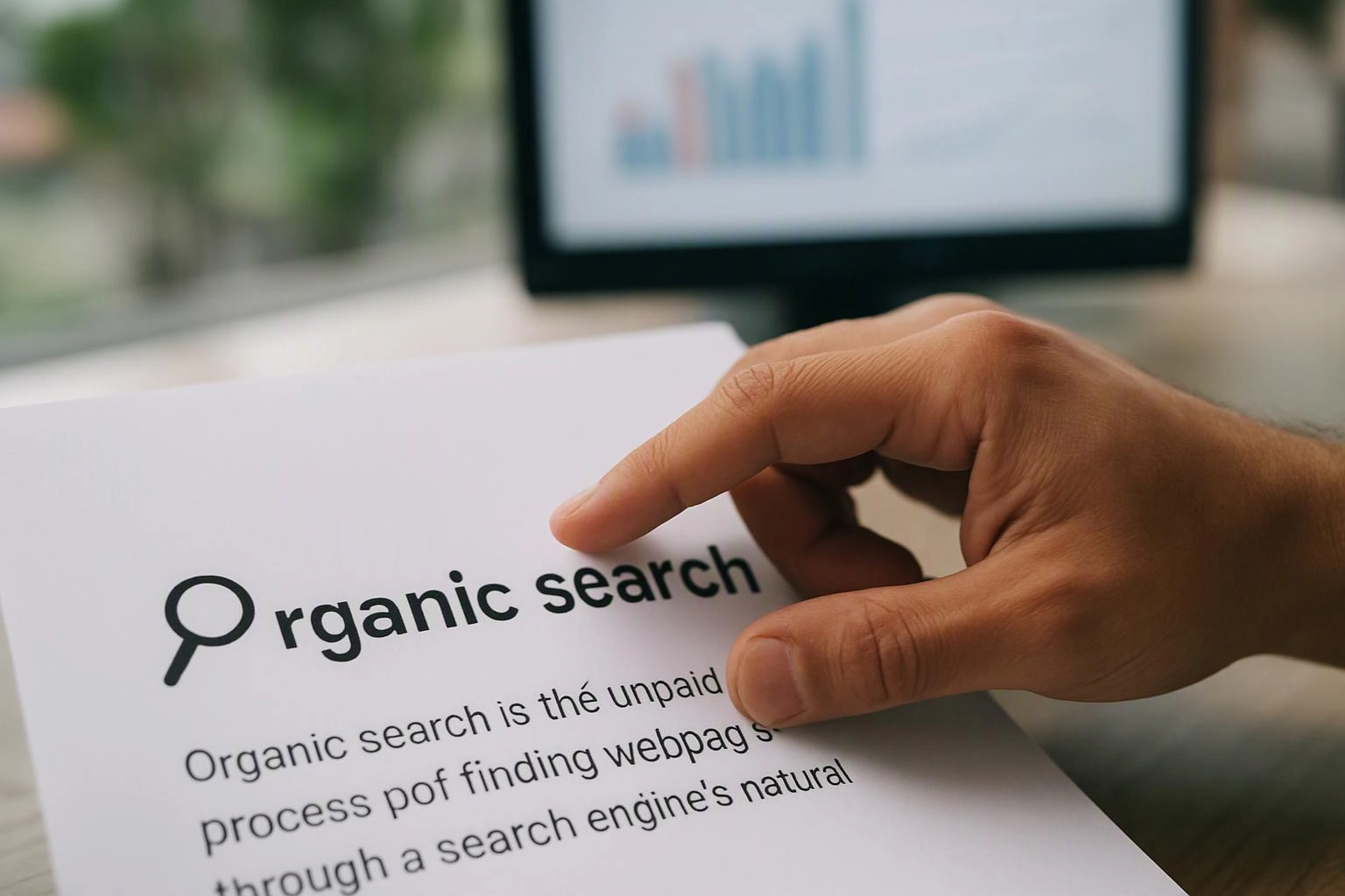 A hand points at the words “organic search” on a printed page beside a blurred chart screen