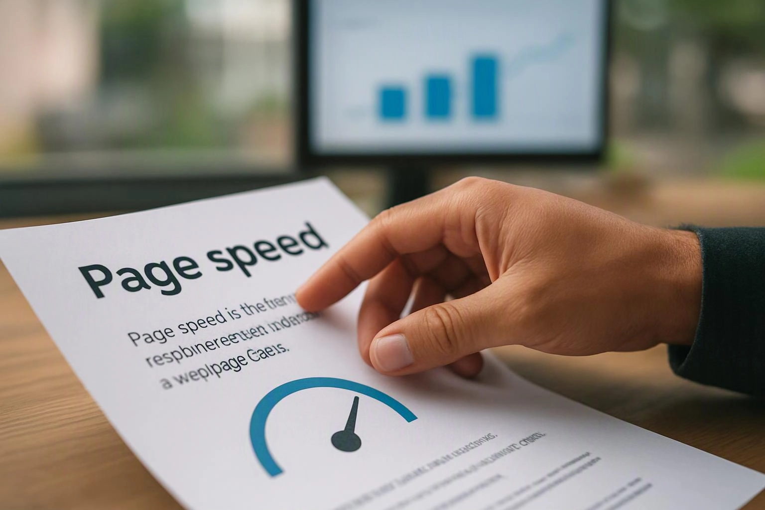A hand points at a page speed report on a desk, with a blurred chart screen in the background