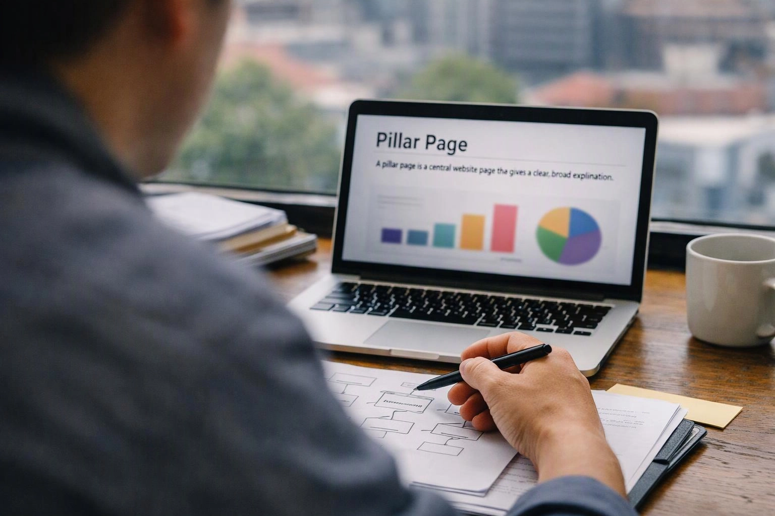 Person sketches a website flowchart beside a laptop showing a “Pillar Page” chart on a desk by a window
