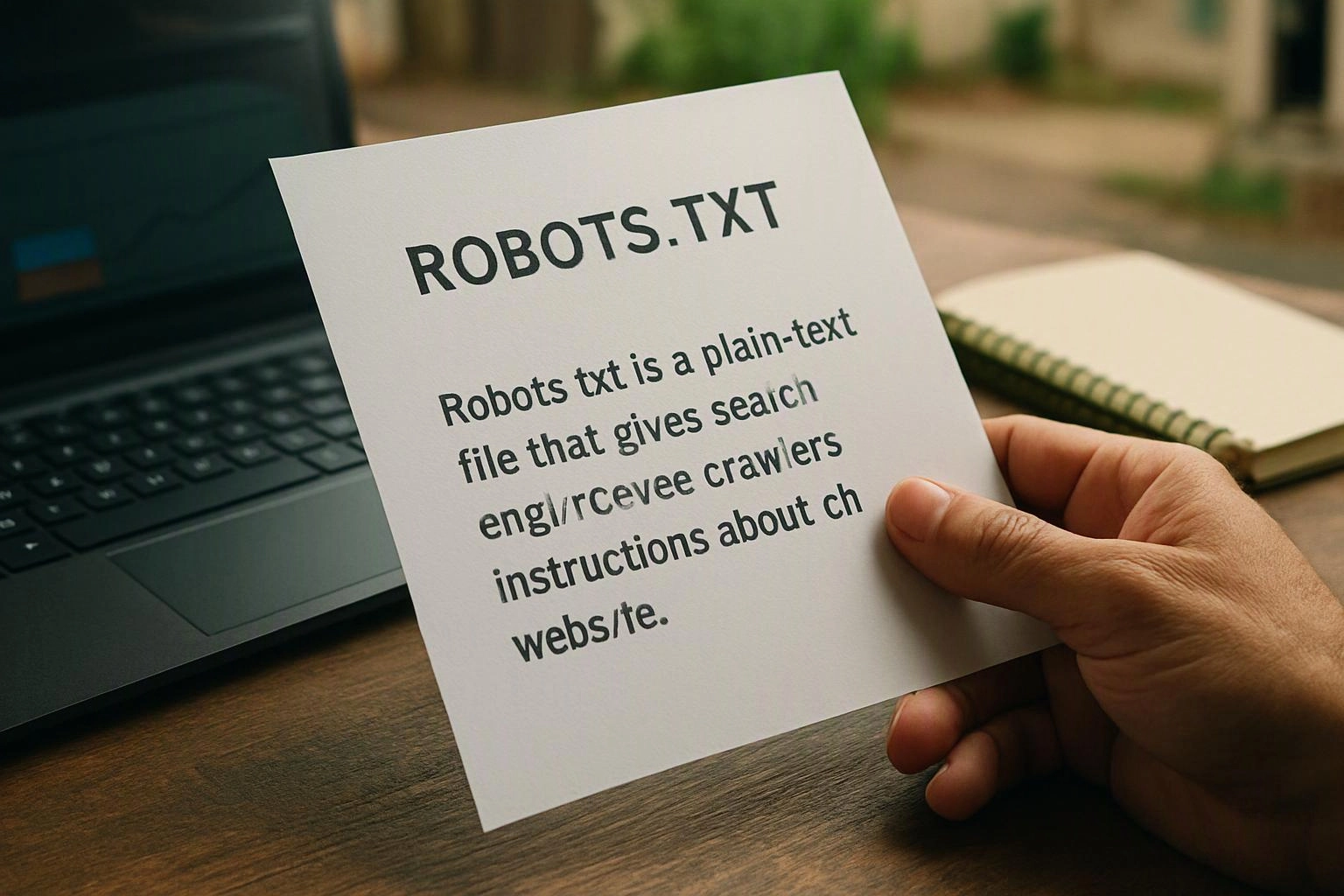 A hand holds a paper labeled ROBOTS.TXT beside a laptop on a wooden desk