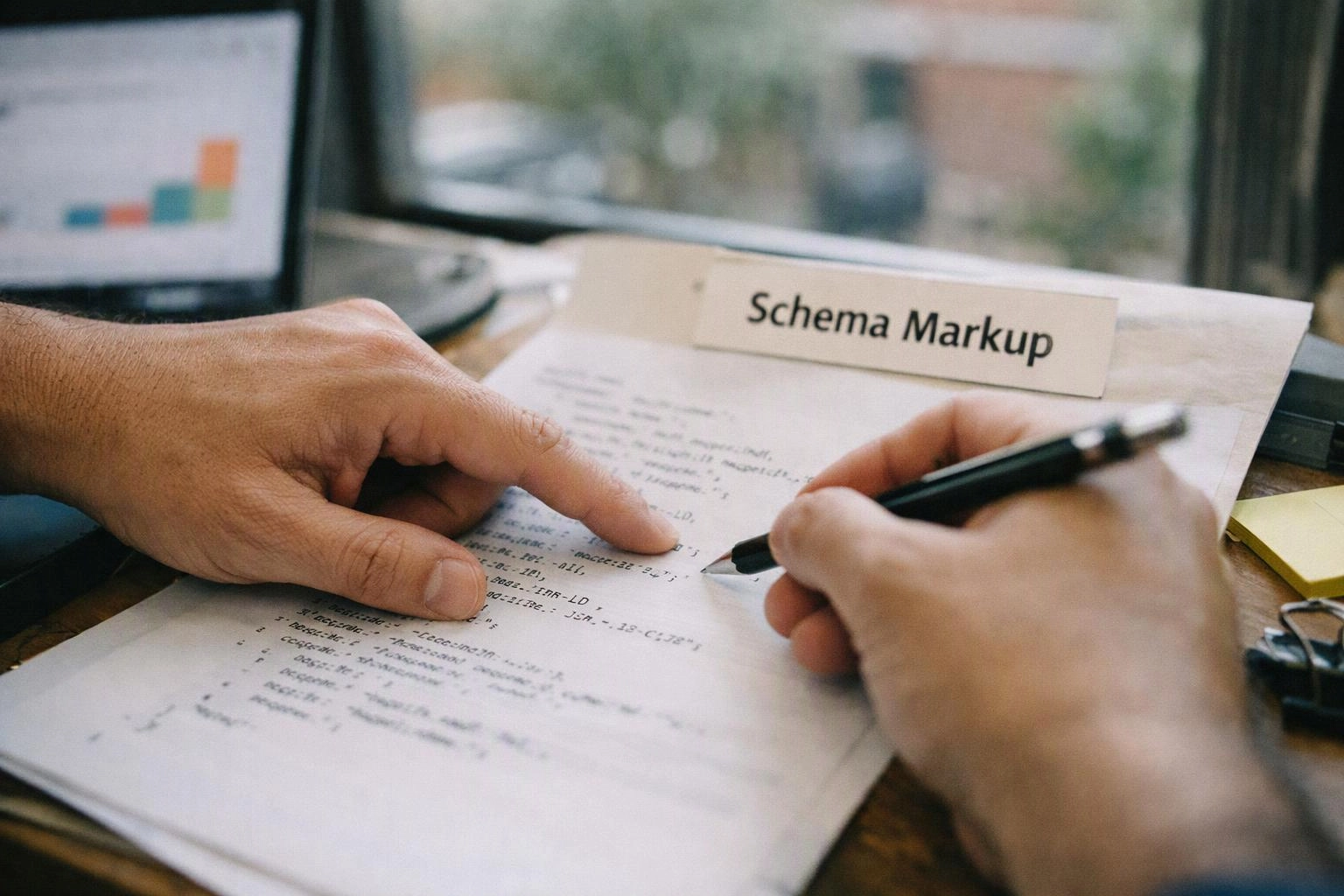 Hands point at a paper labeled “Schema Markup” while someone writes with a pen at a desk