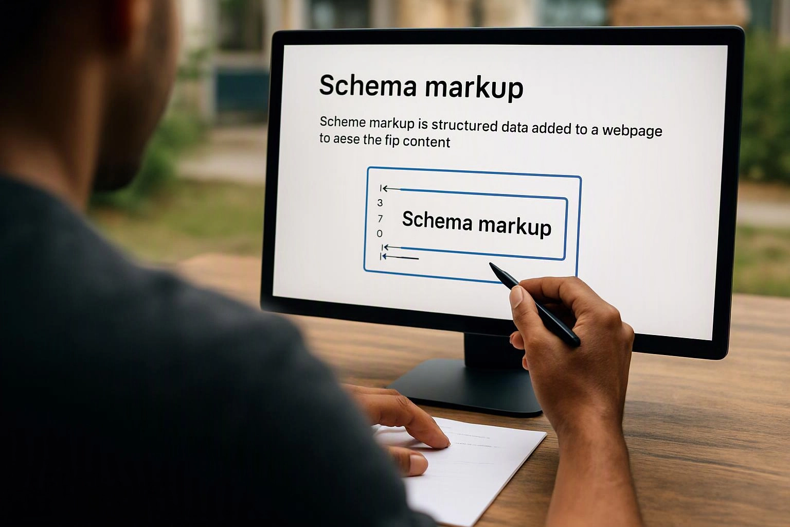 A person holds a stylus toward a monitor showing a schema markup diagram and text on a desk outdoors