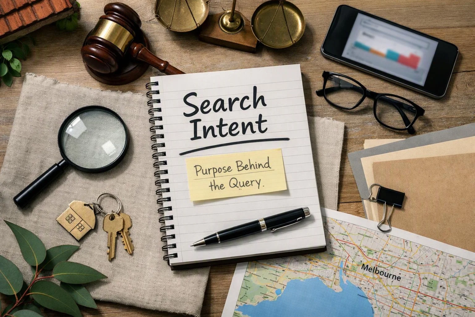 Notebook reads “Search Intent” beside a sticky note, pen, magnifying glass, keys, glasses, phone, and map on a desk