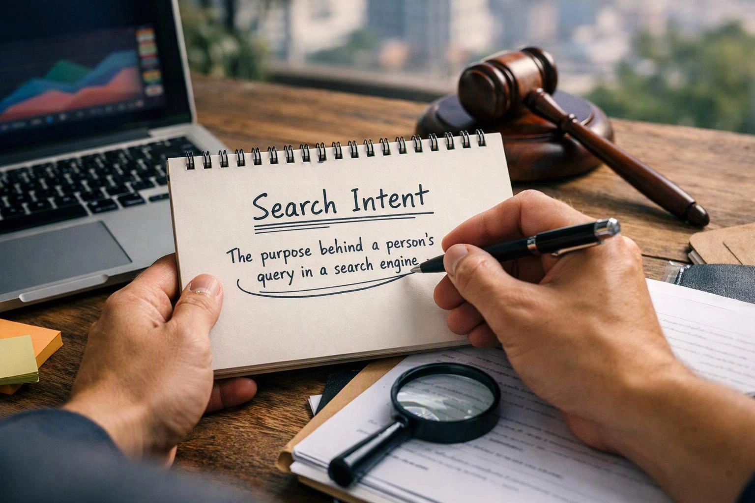 Hands write in a notebook labeled “Search Intent” beside a laptop, gavel, magnifying glass, and papers on a desk