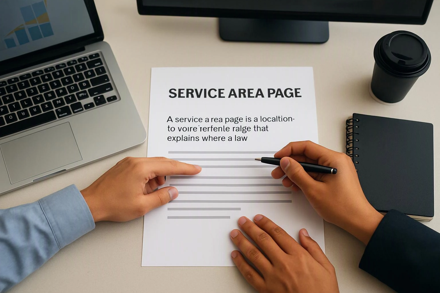 Two hands work over a paper titled “SERVICE AREA PAGE” beside a laptop, notebook, and coffee cup on a desk