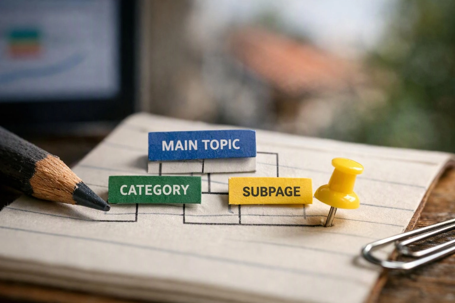 A pencil points at paper labels reading MAIN TOPIC, CATEGORY, and SUBPAGE beside a yellow pushpin and paper clip