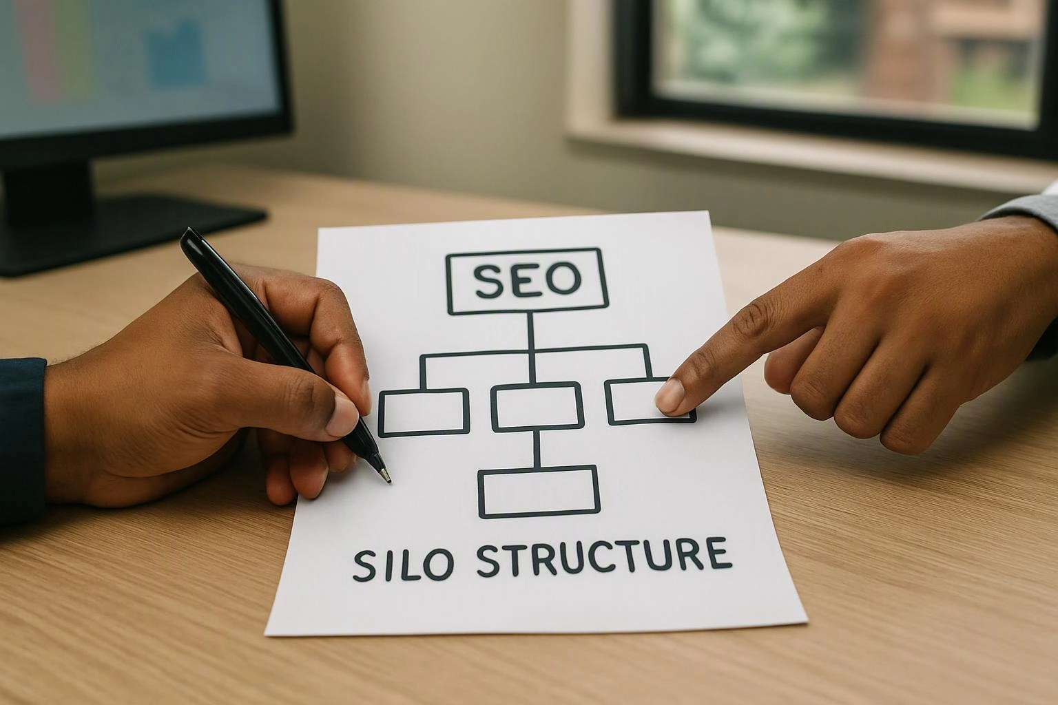 Two hands point and write on a paper diagram labeled SEO silo structure at a desk